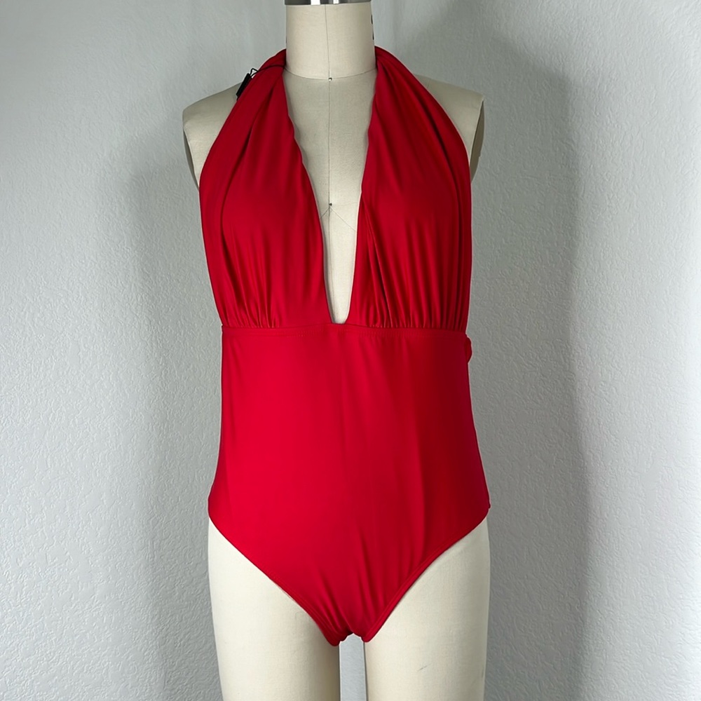 Retro Stage Red 30's Pin Up Retro Halter Plunge One Oc Swim Suit Bathing…